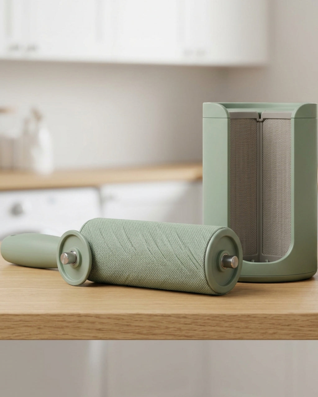 Brivt Driftcomb Reusable Fabric Hair Remover Roller 7.5 in Sage with Base - Lifestyle view