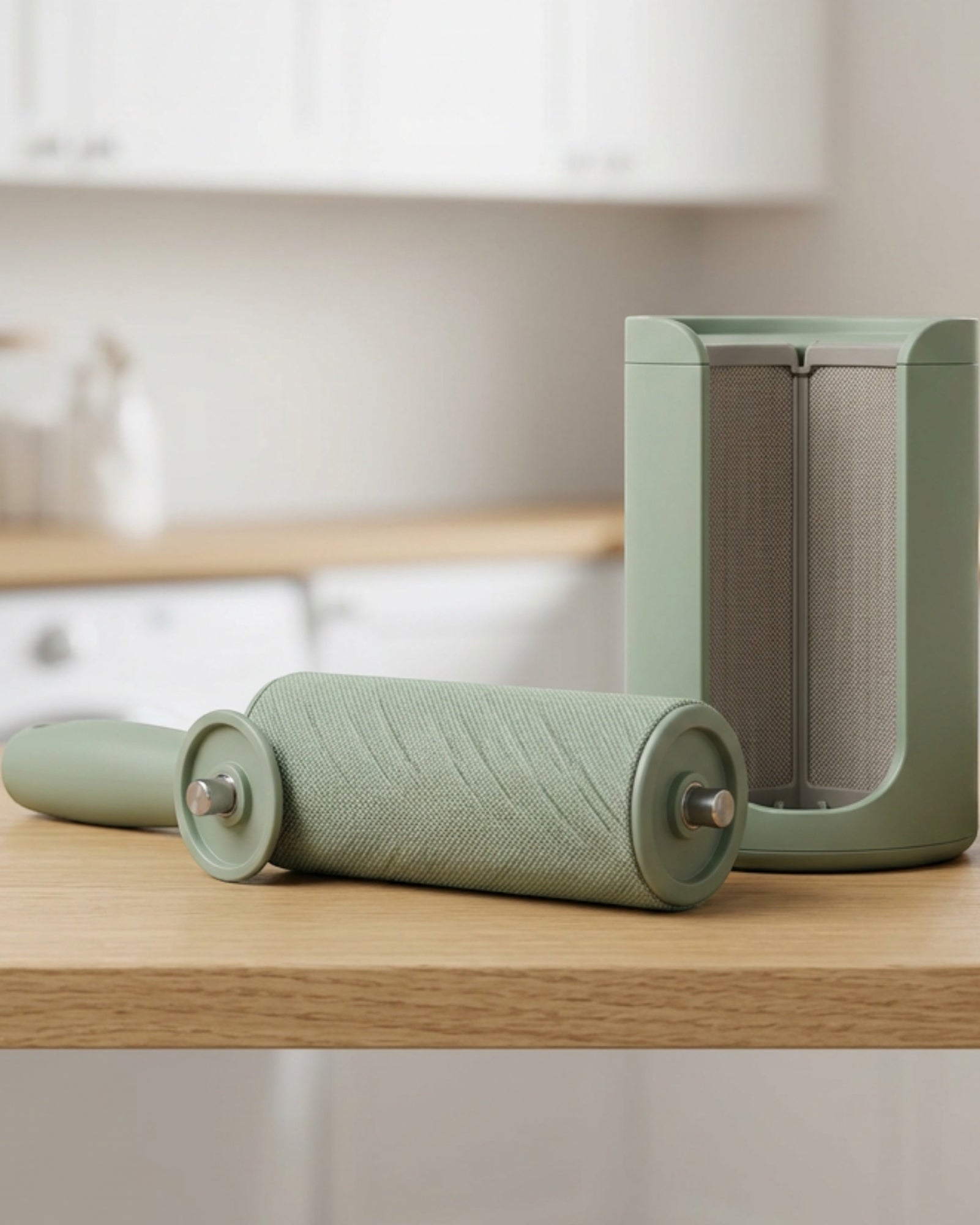 Brivt Driftcomb Reusable Fabric Hair Remover Roller 7.5 in Sage with Base - Lifestyle view
