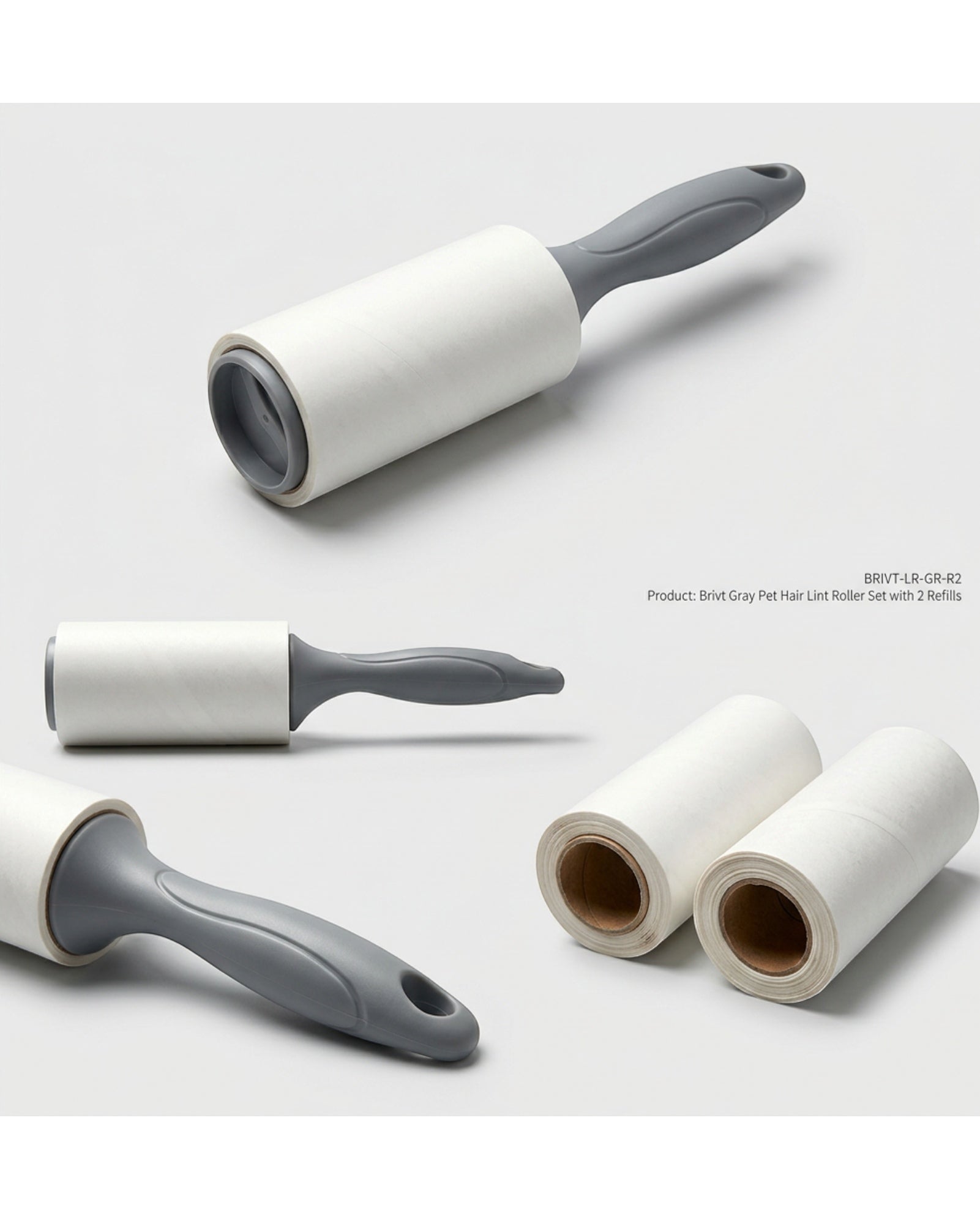 Brivt Gray Pet Hair Lint Roller Set with 2 Refills